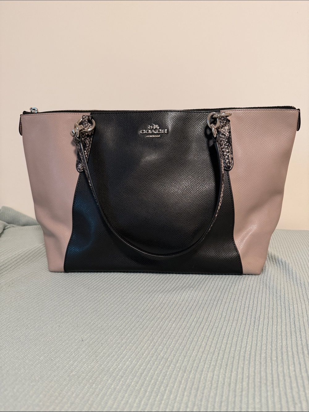 Coach Two-Tone Black and Taupe Leather Tote with Snake Handles